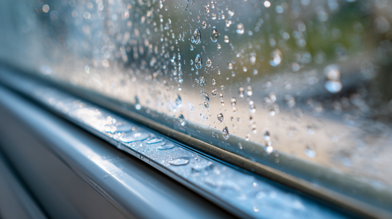 Vue rapprochée d’une fenêtre en aluminium moderne avec des gouttes d’eau sur le verre, mettant en avant les joints d’étanchéité et la protection contre les infiltrations d’eau, extérieur lumineux et propre d’une maison.