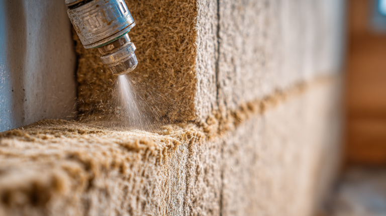Illustration d’une isolation des murs par insufflation, avec un tuyau injectant le matériau isolant dans une cloison ouverte d’une maison.
