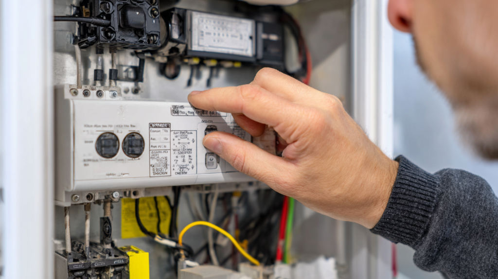Technicien activant la marche forcée d’un chauffe-eau via le tableau électrique, illustrant le dépannage en cas de blocage.