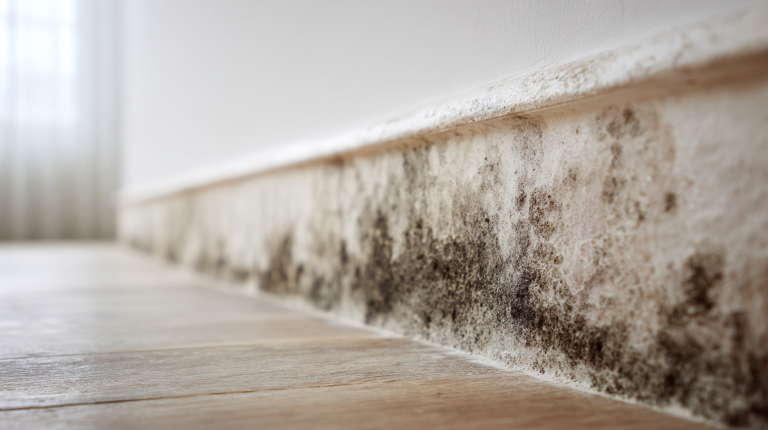 Moisissures sur plinthes blanches dans une maison neuve