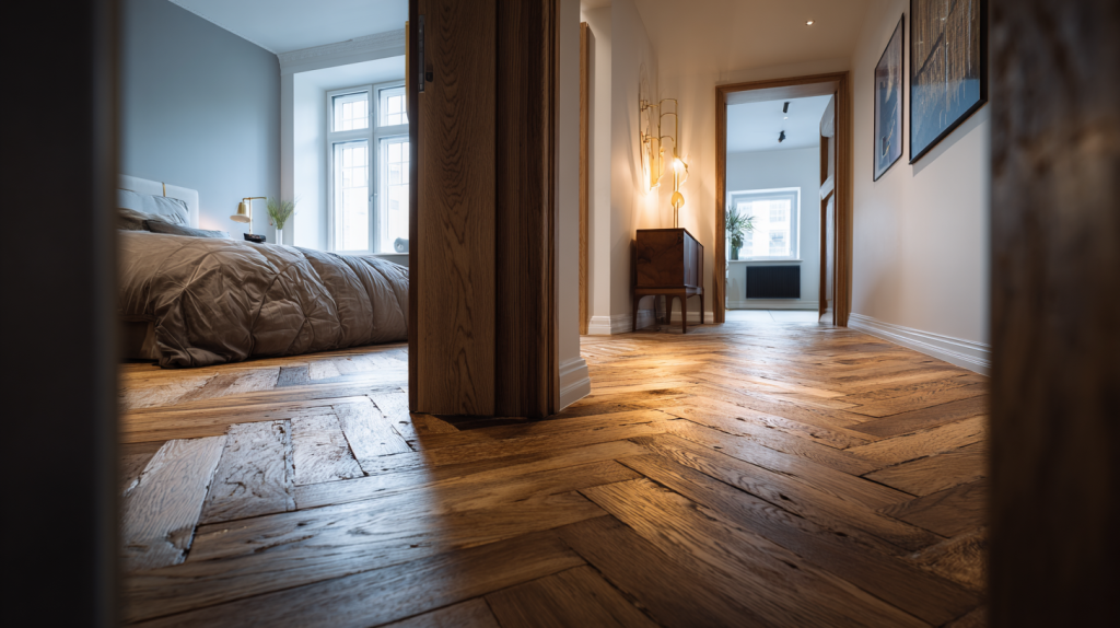 Vue intérieure d’un couloir et d’une chambre avec un parquet bois continu, sans barre de seuil, éclairés par une lumière naturelle chaleureuse.