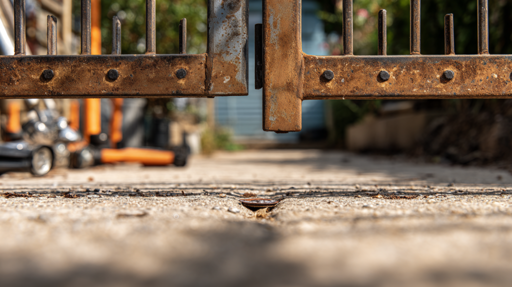 Sabot de portail trop haut avec espace visible sous le battant, outils prêts pour ajuster la butée de fermeture