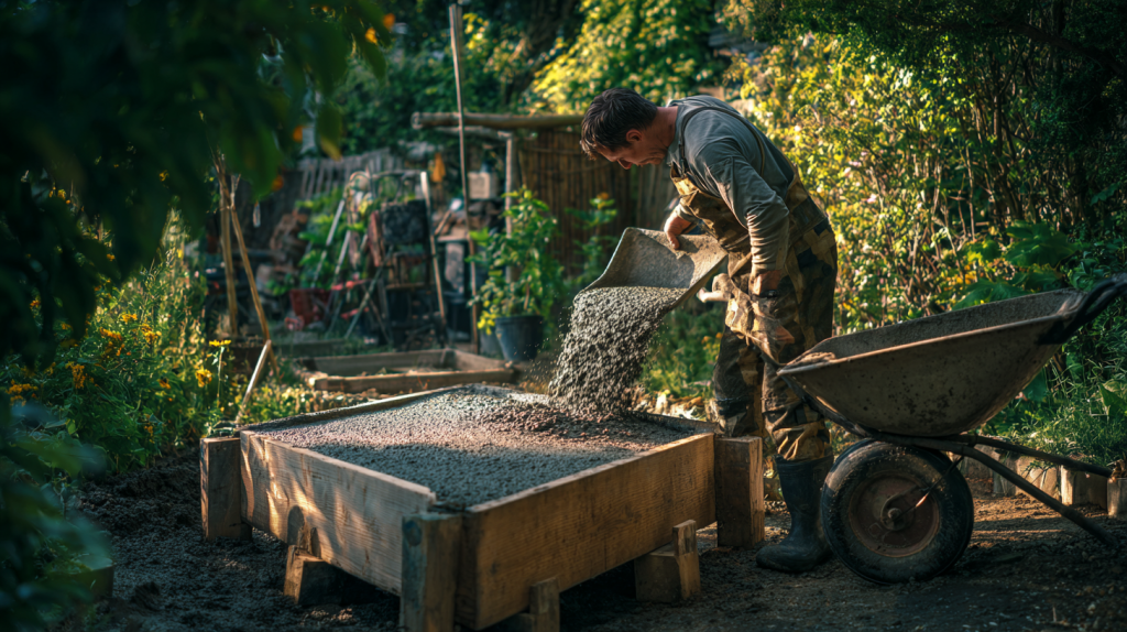 Un homme en tenue de chantier verse du béton humide dans un coffrage en bois à l’extérieur, sous un ciel ensoleillé, pour réaliser une dalle.