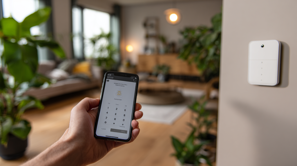 Clavier d’alarme et application mobile de télésurveillance dans un salon moderne, illustrant un système Verisure sécurisé.