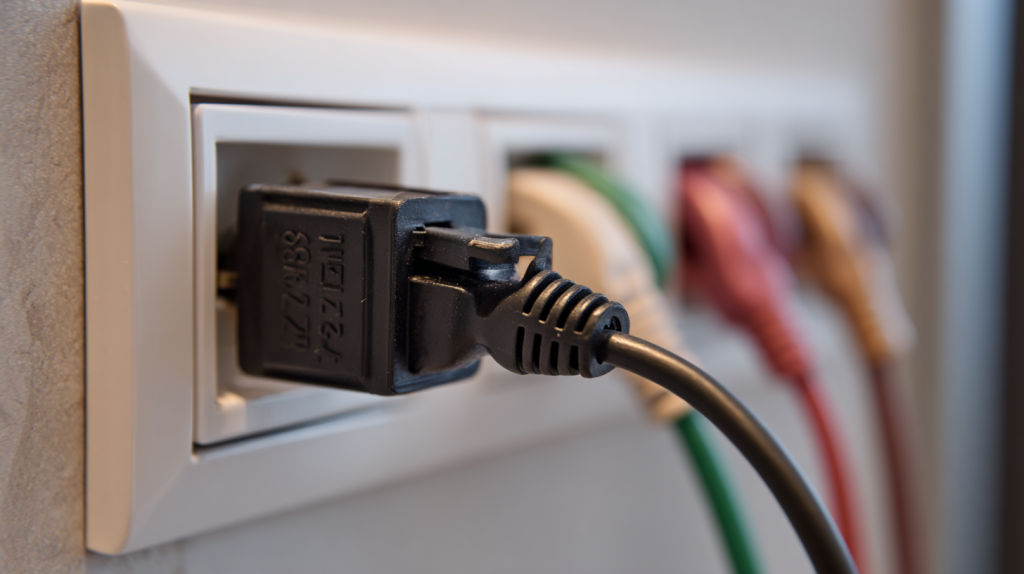 Câble électrique 32A raccordé à une prise adaptée pour l’installation sécurisée d’un four.