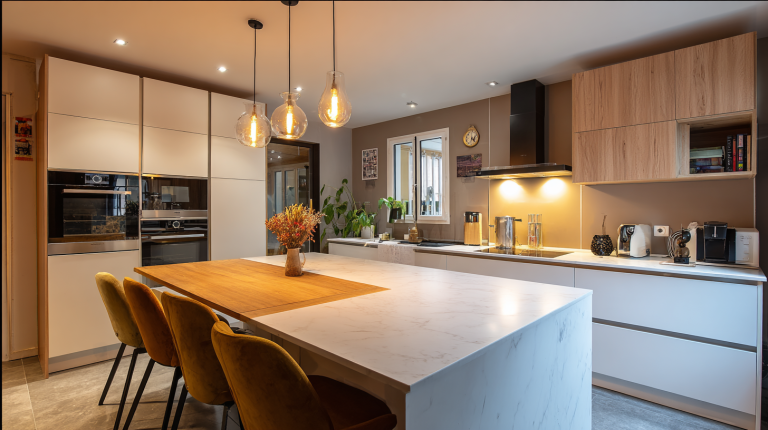 Cuisine équipée et aménagée de style Conforama, avec îlot central, meubles modernes et électroménagers intégrés.