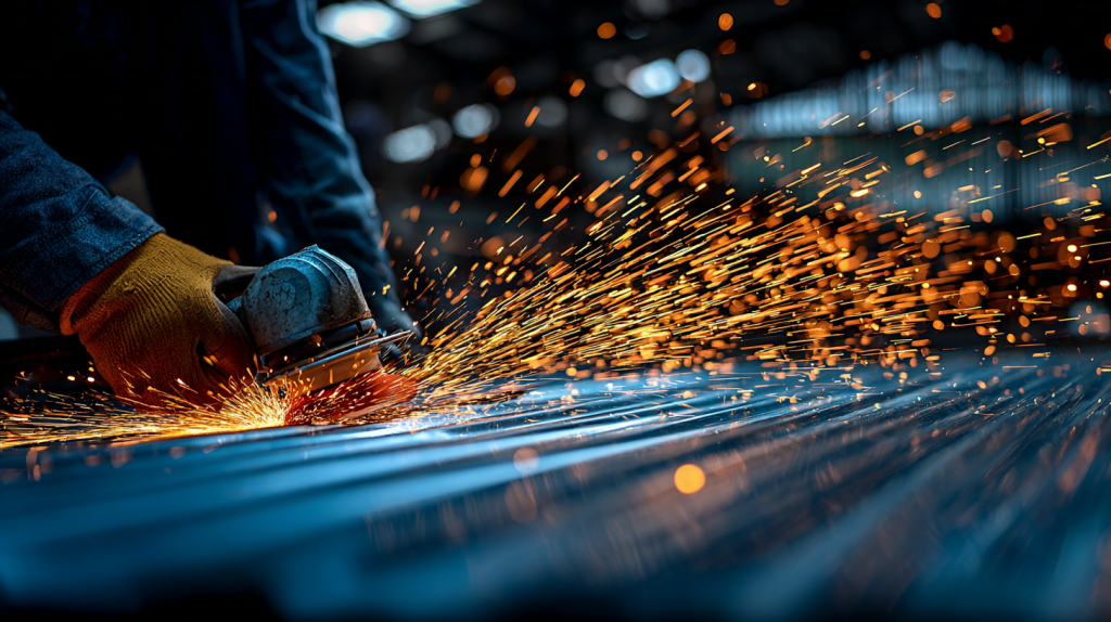 Ouvrier découpant une tôle en bac acier avec une meuleuse d’angle, des étincelles jaillissent pendant la coupe.