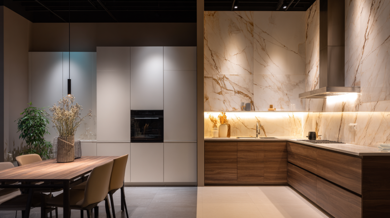 Deux cuisines modernes exposées côte à côte, l’une design minimaliste, l’autre élégante et chaleureuse.