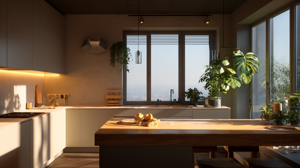 Cuisine moderne sans hotte avec fenêtres ouvertes et solutions de ventilation naturelles.