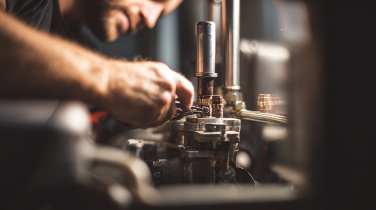 Technicien débloquant la vanne 3 voies d’une chaudière avec ses outils.