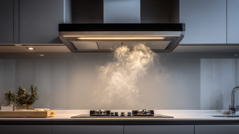Hotte de cuisine moderne avec moteur déporté en inox, installée dans une cuisine design, offrant une aspiration silencieuse et performante.