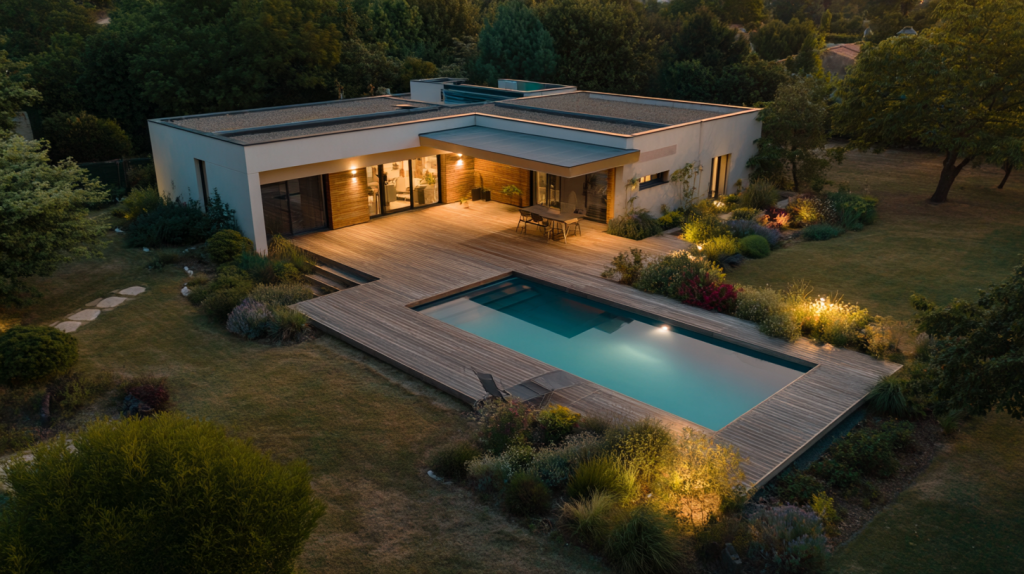 Maison neuve moderne avec piscine intégrée au jardin et terrasse en bois, entourée de végétation méditerranéenne.