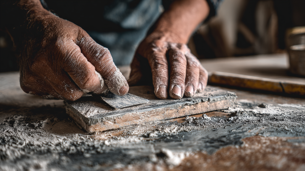 Application de plâtre sur une surface en bois avec une spatule, montrant les techniques de rénovation et de bricolage.