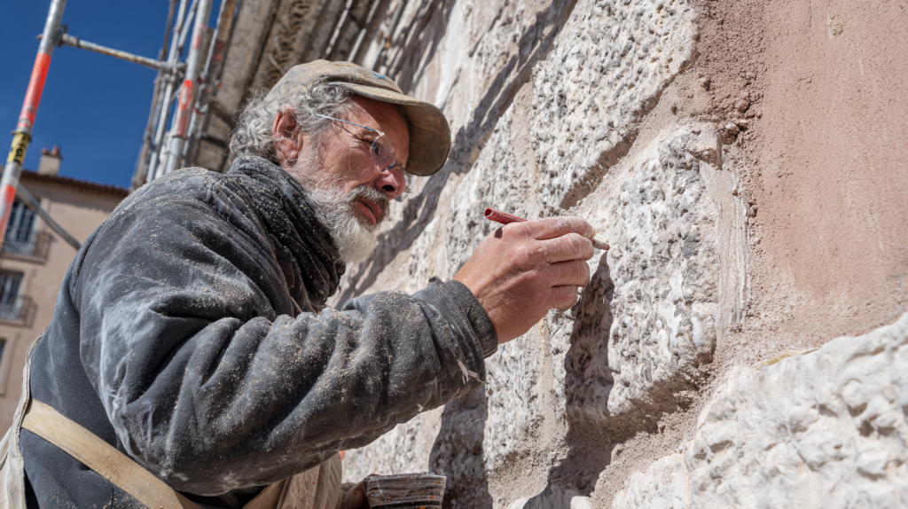Maçon posant un parement en pierre sur un mur extérieur en crépis pour rénover une façade.