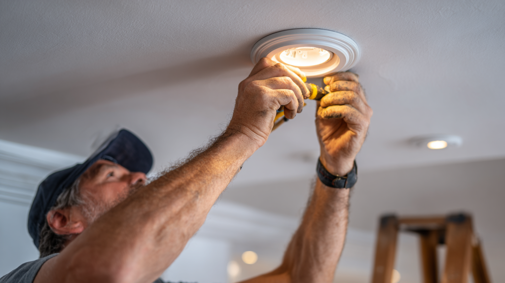Électricien retirant un ancien luminaire au plafond et installant des spots encastrés pour moderniser l’éclairage intérieur.