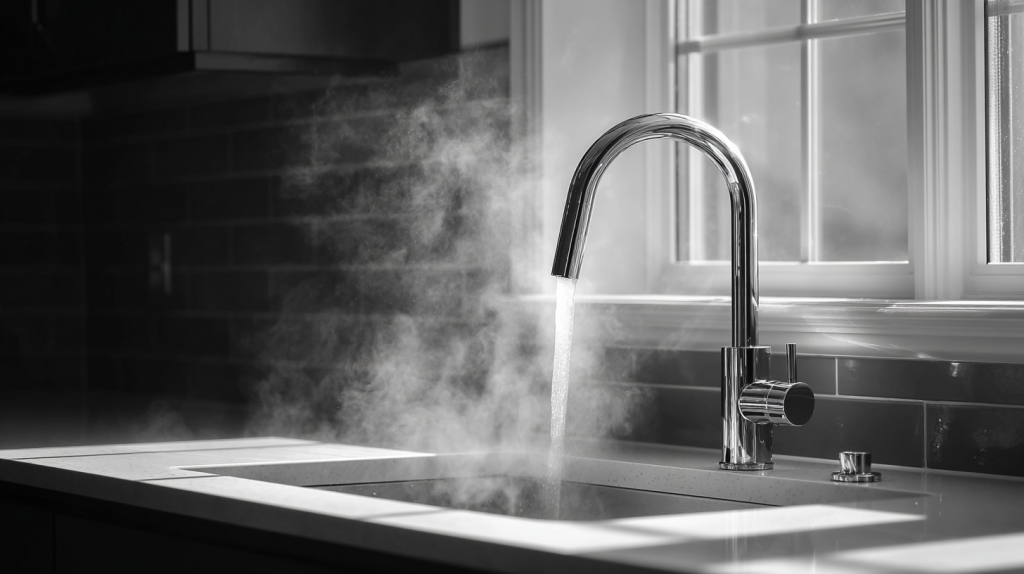 Robinet électrique chauffe-eau instantané installé dans une cuisine moderne, fournissant de l’eau chaude en continu et au design élégant.