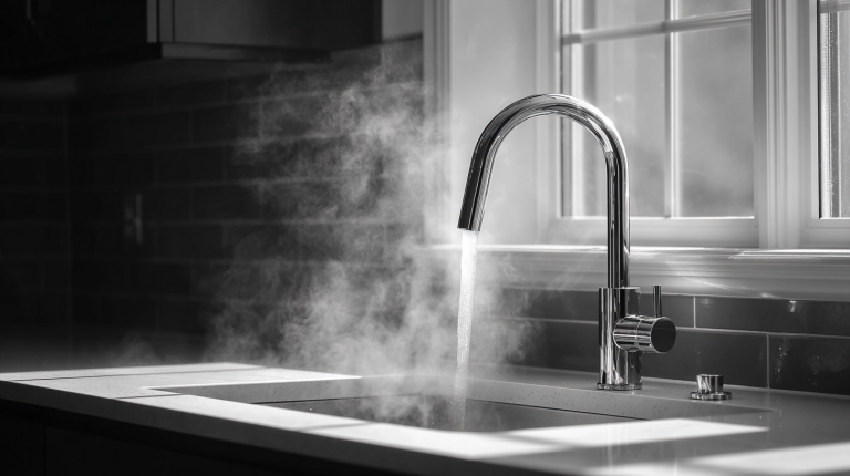 Robinet électrique chauffe-eau instantané installé dans une cuisine moderne, fournissant de l’eau chaude en continu et au design élégant.