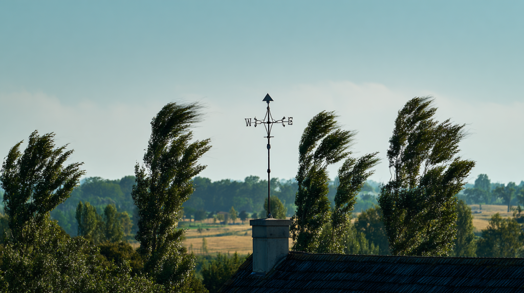 Paysage de campagne avec une girouette indiquant la direction du vent dominant.