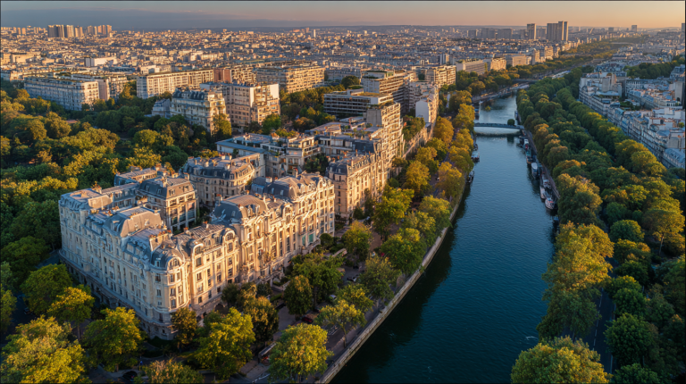 Vue aérienne de Neuilly-sur-Seine avec ses immeubles haussmanniens au coucher du soleil, symbole d’un marché immobilier attractif.