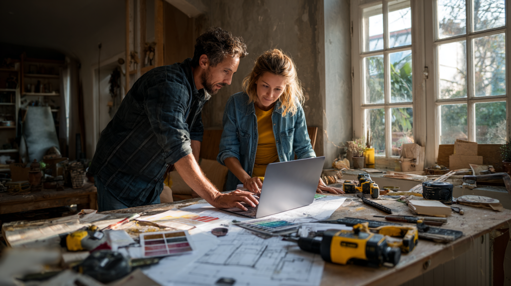 Couple consultant la plateforme Travauxmakers.fr sur un ordinateur pour organiser leurs travaux de rénovation à la maison.