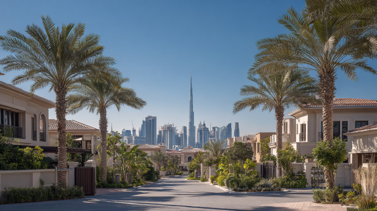 Vue sur des villas modernes à Dubaï avec gratte-ciel en arrière-plan et palmiers au premier plan.