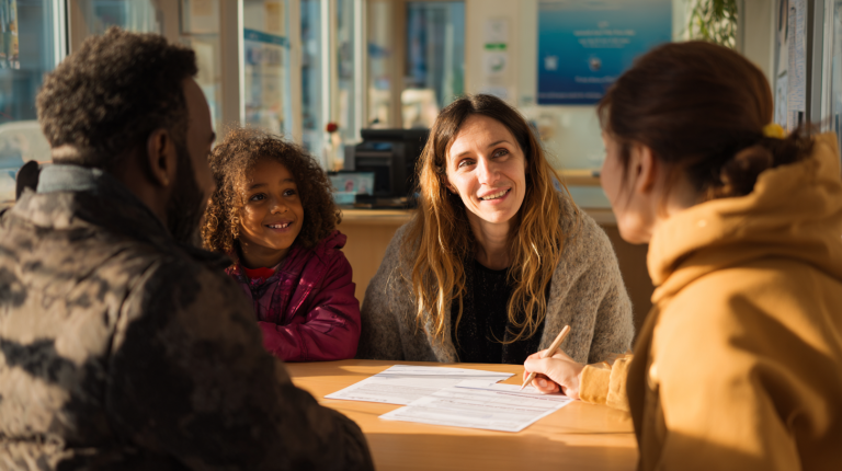 Famille discutant avec un conseiller dans un bureau de logement social, documents administratifs sur la table.