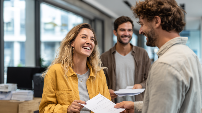 Couple recevant un avis favorable pour un logement social dans un bureau lumineux.
