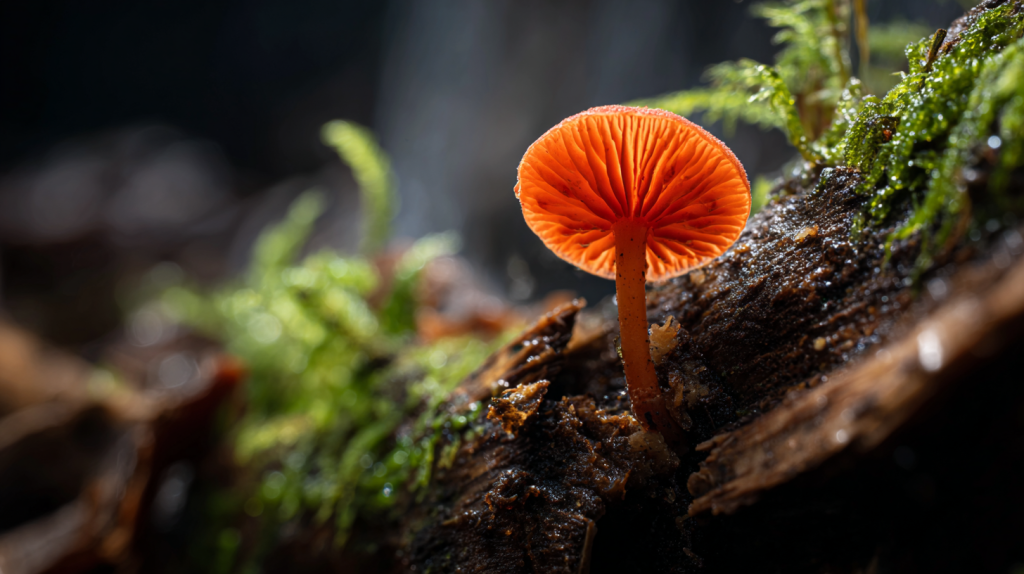 Gros plan d’un champignon orange sur un tronc de bois mort, texture humide, mousse et gouttelettes visibles.