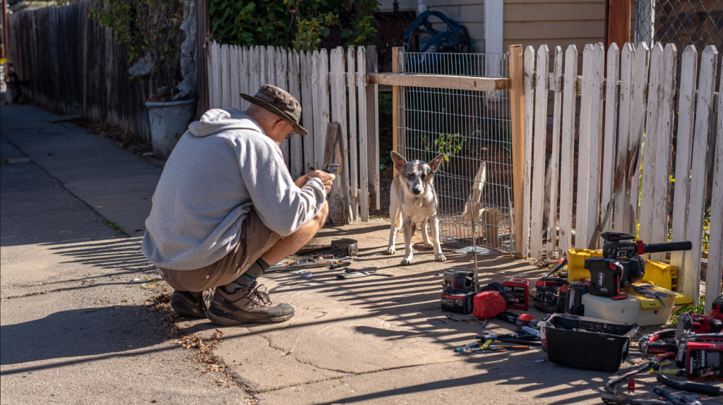 Personne construisant une clôture pour chien avec des matériaux simples dans un jardin, chien observant la scène.