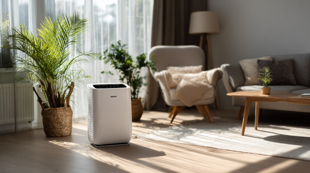 Déshumidificateur d’air moderne posé dans un salon lumineux et épuré.