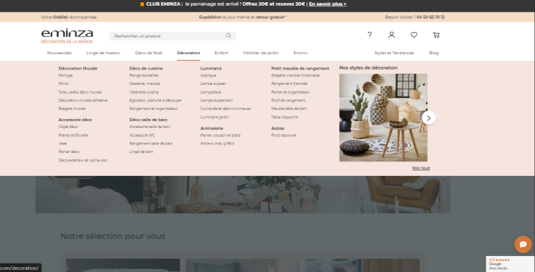Page d'accueil du site Eminza avec leur produit décoration