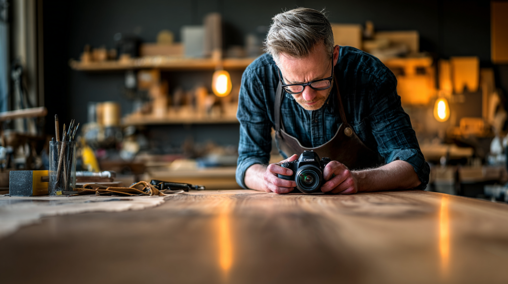 Artisan appliquant un placage bois moderne dans un atelier, illustrant les nouvelles techniques et tendances du secteur.