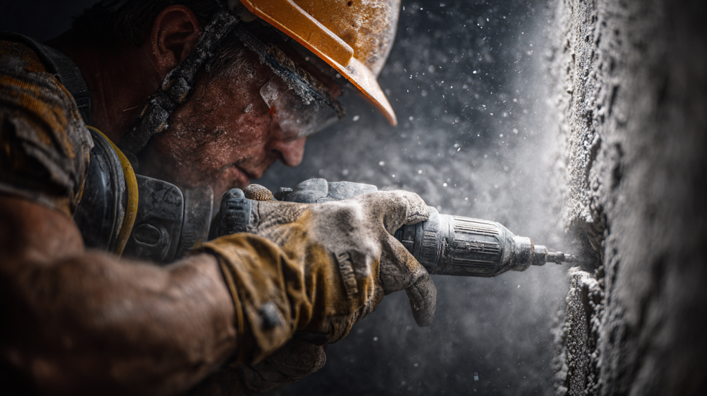 Ouvrier perçant un trou de 10 cm dans un mur porteur en béton avec perceuse professionnelle.