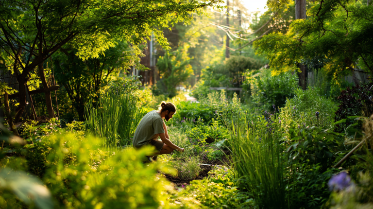 Un jardinier entretient un potager naturel rempli de plantes vertes et de fleurs colorées grâce aux conseils de Jardipedia