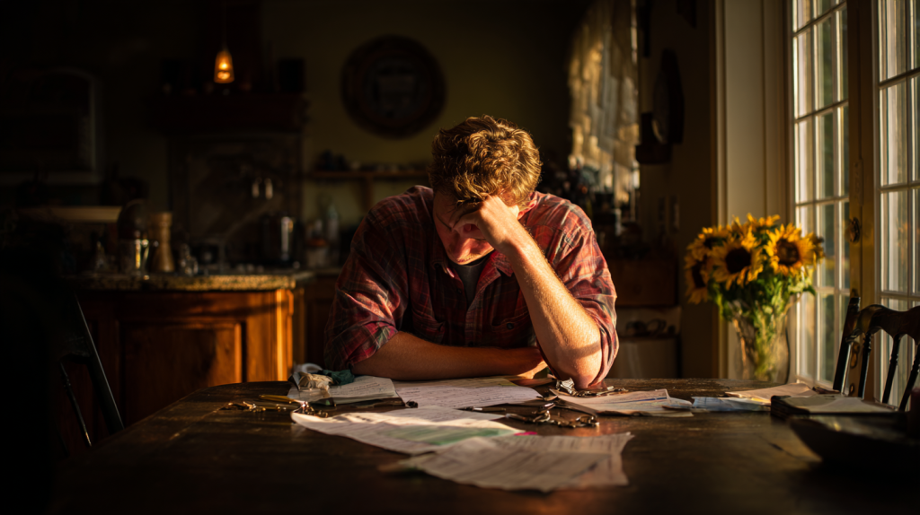 Une personne seule examine les documents de son prêt immobilier, symbolisant la gestion d’un crédit en indivision.