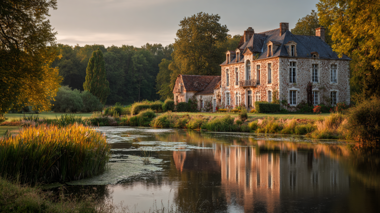 Demeure de campagne élégante entourée d’arbres et d’un étang, inspirée de la maison d’Alain Delon à Douchy.