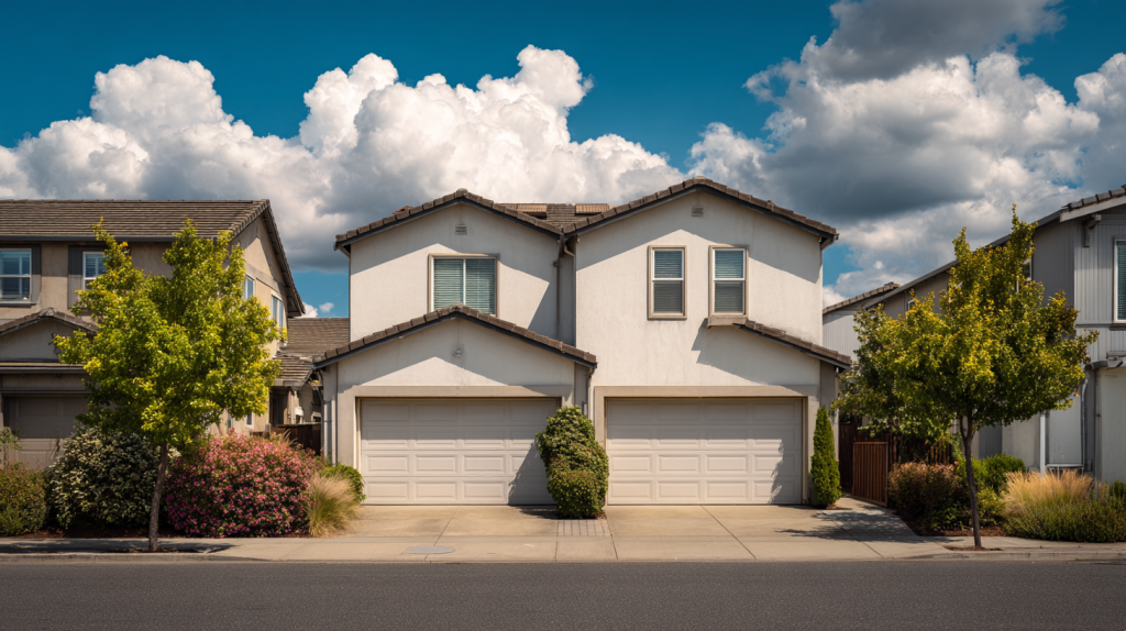 Deux maisons modernes mitoyennes par le garage, dans un quartier résidentiel calme et verdoyant.