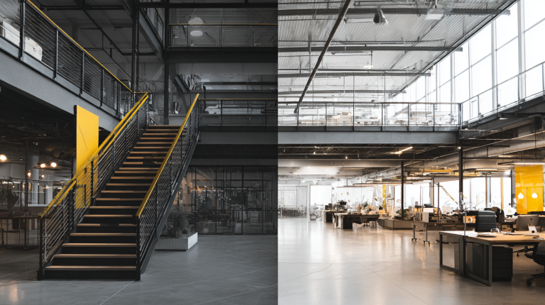 Mezzanine moderne dans un entrepôt réaménagé, optimisant l’espace avec un design industriel lumineux et fonctionnel.