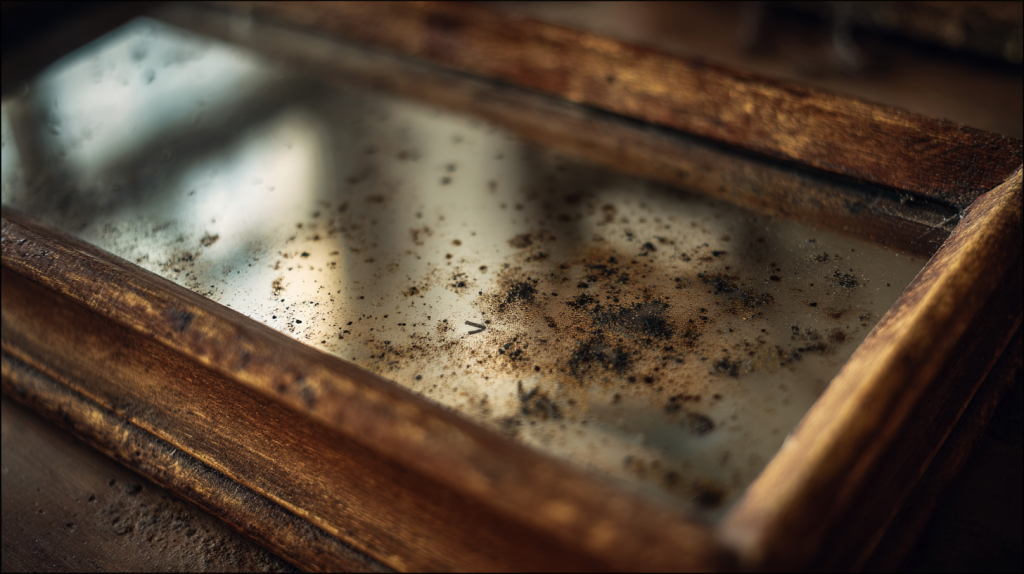 Miroir ancien piqué par l’humidité, surface tachetée et encadrement en bois patiné.