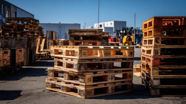 Piles de palettes en bois devant un magasin Brico Dépôt par une journée ensoleillée.