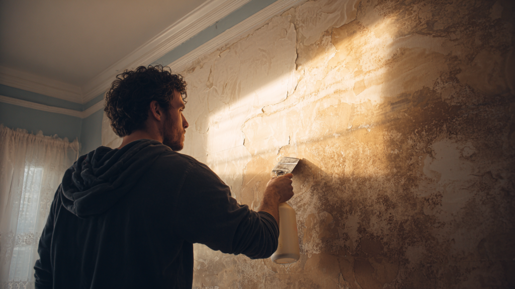 Personne retirant un vieux papier peint avec un grattoir et un vaporisateur dans une pièce en rénovation.