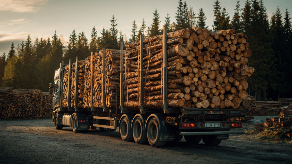 Semi-remorque chargé de bûches de bois de chauffage de 2 m empilées, prêt à la livraison.