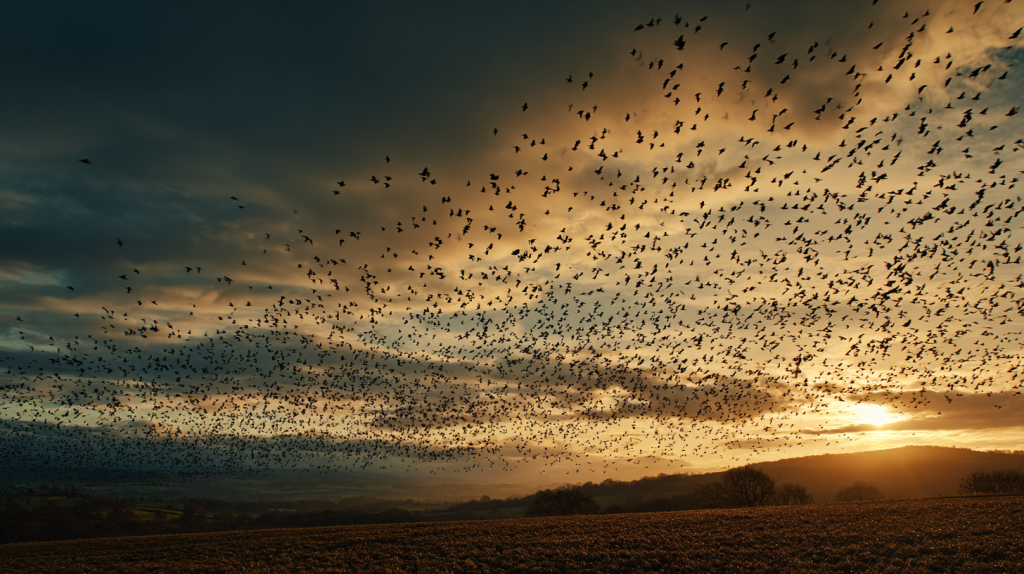 Vol d’étourneaux formant une nuée au coucher du soleil, illustrant leur migration en groupe à travers le ciel.