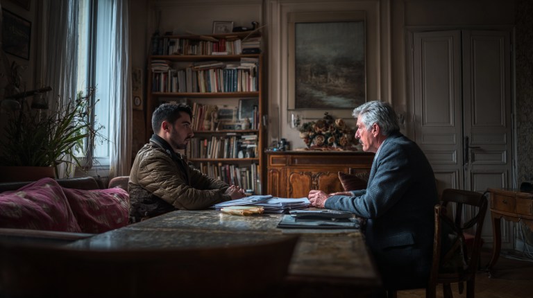 Locataire en pyjama frappe le plafond avec un balai à cause du bruit du voisin du dessus, scène nocturne tendue dans un appartement.
