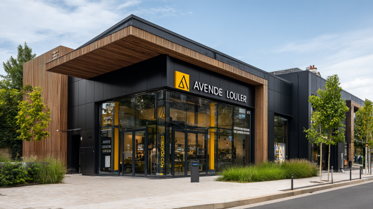 Façade d’une agence immobilière moderne affichant l’enseigne “AVendreALouer”, architecture contemporaine avec vitrines en verre, sans présence humaine.