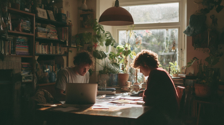 Deux étudiants qui évaluent les différents plans d'assurance pour étudiant en collocation.
