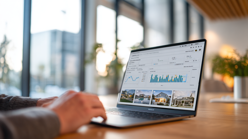 Agent immobilier consultant un tableau de suivi des prix immobiliers sur ordinateur sur le site internet de comparaison d'offre immobilières Castorus.com