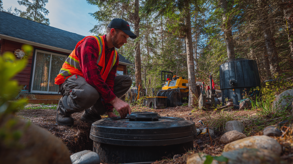 Technicien professionnel inspectant une fosse septique à l’extérieur d’une maison.