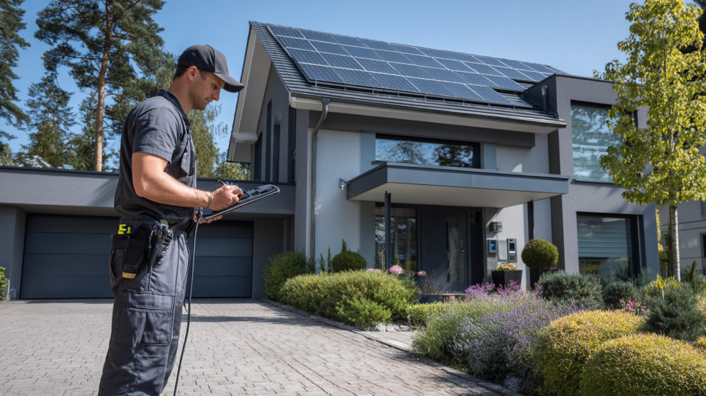 Un technicien inspecte une maison pour repérer tous les éléments à améliorer pour réduire la consommation d'énergie d'une maison