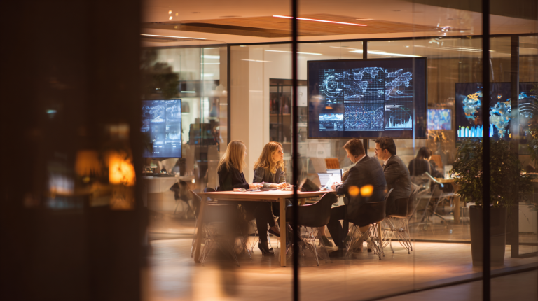 Professionnels discutant d’une stratégie de transformation digitale dans un bureau moderne grâce aux conseils de Corporate 360